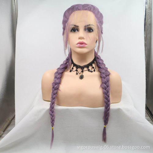 Vigorous long freetress purple african queen wholesale handmade braiding wig synthetic cornrow braid lace front wigs baby hair